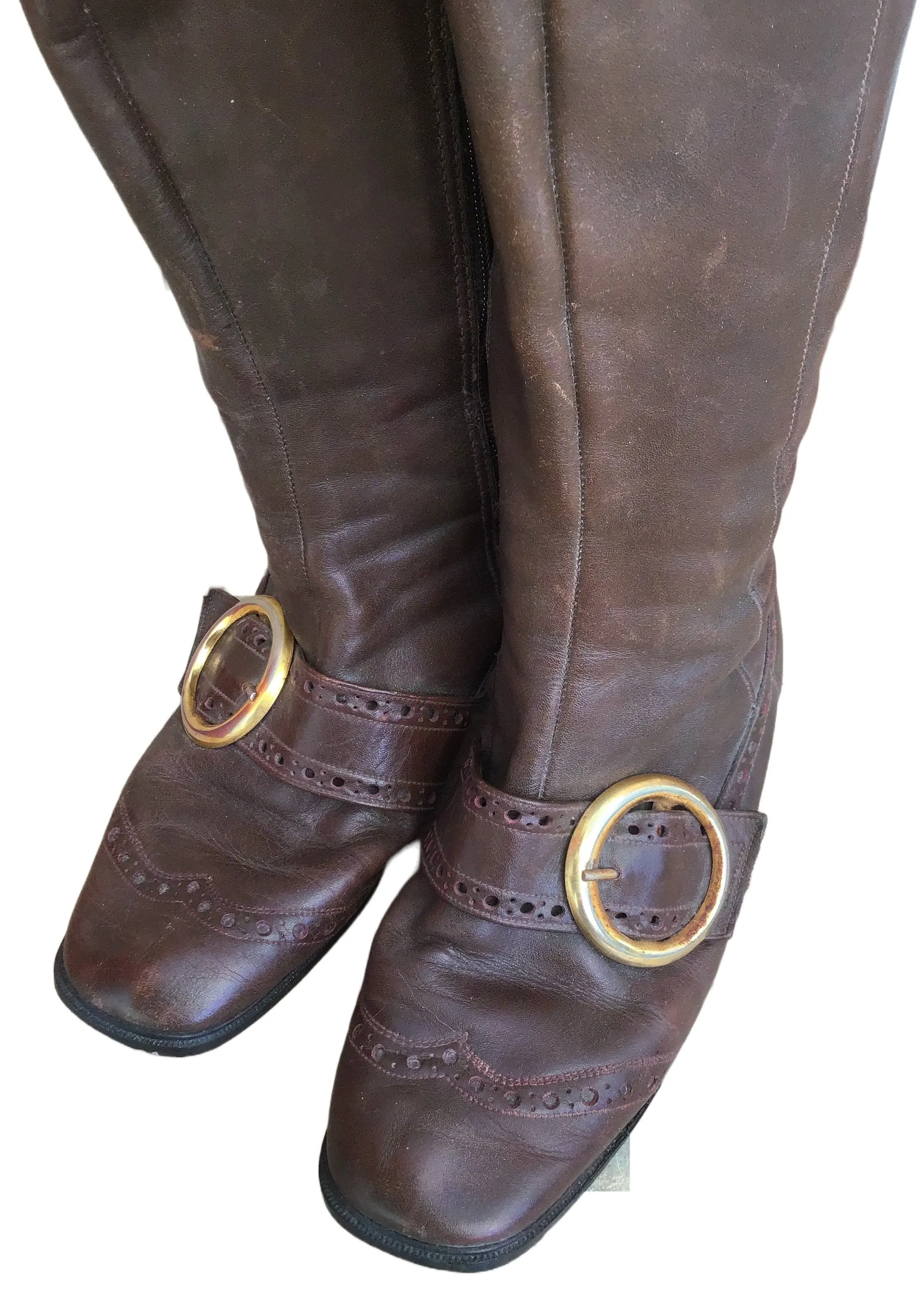 1960s Vintage Mod GoGo Brown Knee High Brogue Boots