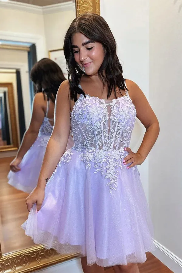 A-line Appliques Lace-Up Tulle Lavender Homecoming Dress PD508