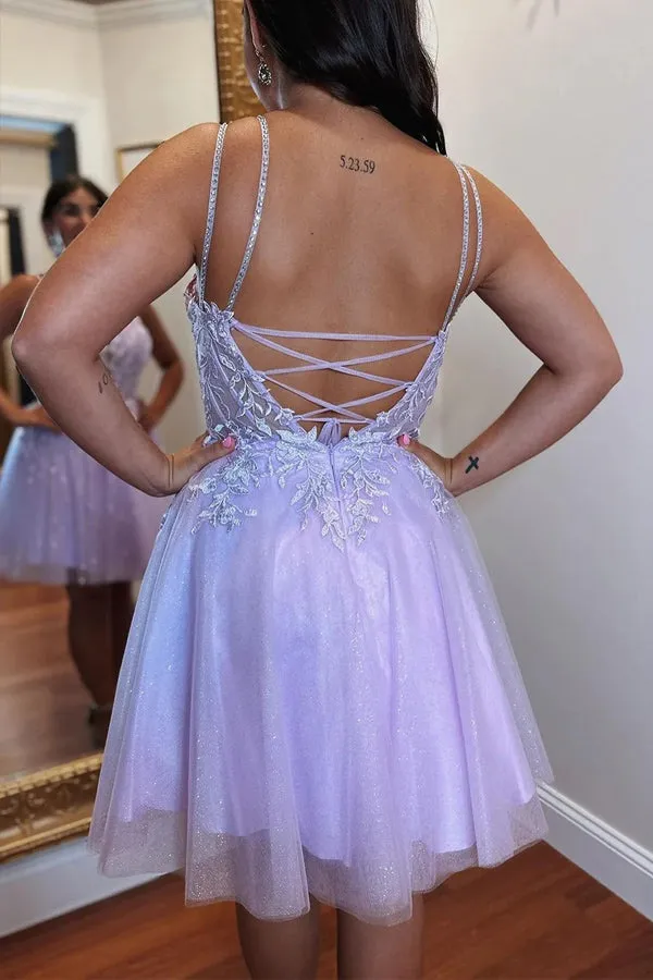 A-line Appliques Lace-Up Tulle Lavender Homecoming Dress PD508