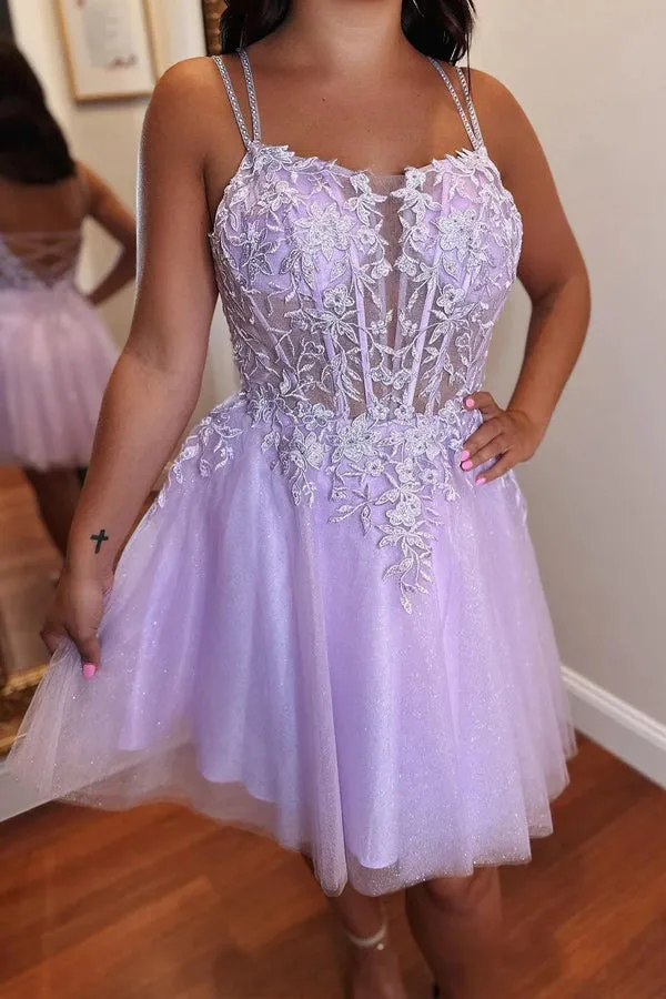 A-line Appliques Lace-Up Tulle Lavender Homecoming Dress PD508