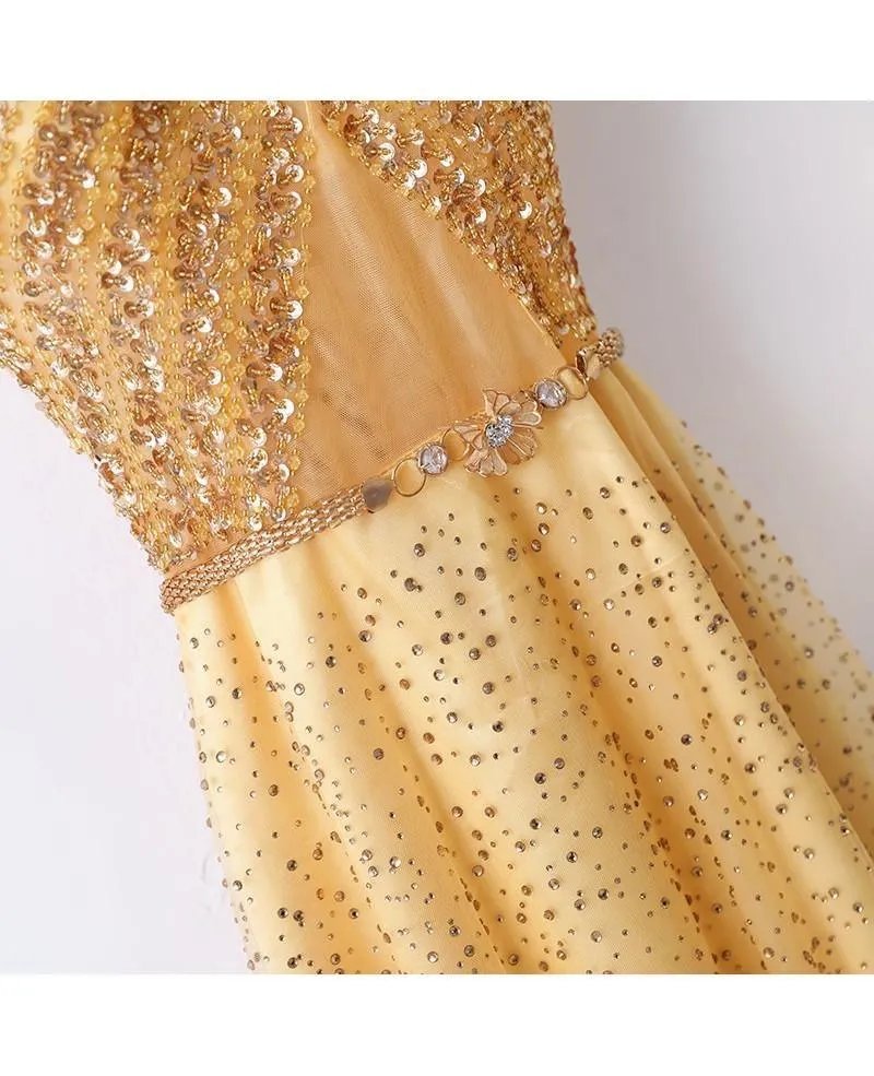 A-line Bling Bling Sparkly Gold Formal Prom Dress With Sleeves PG614