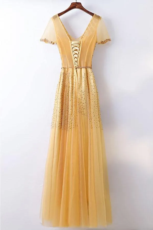 A-line Bling Bling Sparkly Gold Formal Prom Dress With Sleeves PG614