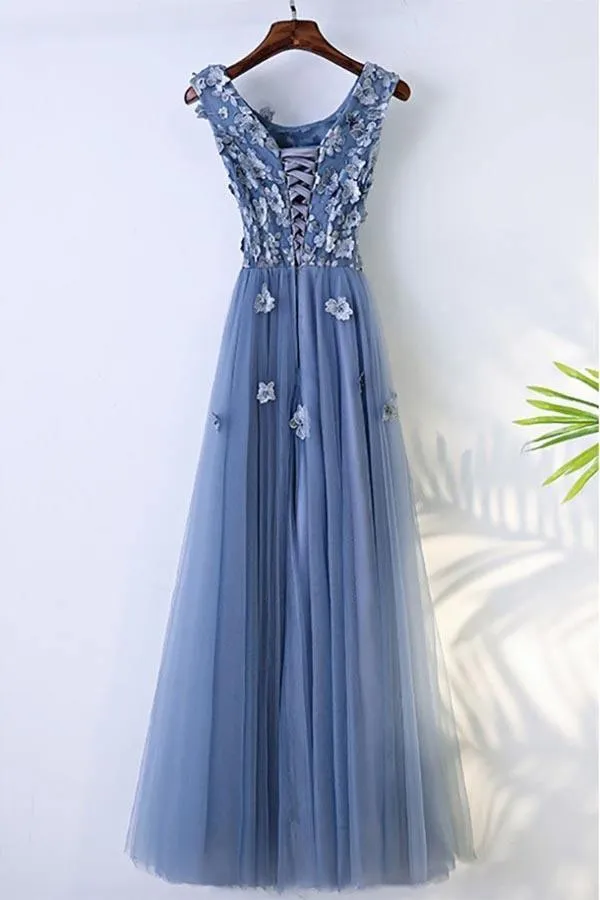 A-line Blue Flowy Prom Dress Long With Flower Petals PG631