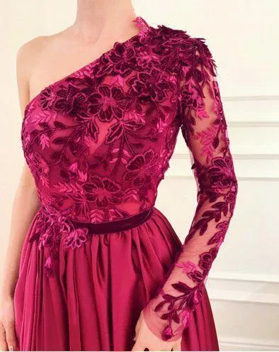 A Line Burgundy  Applique Long Sleeve One Shoulder Prom Dresses With Split  PG873