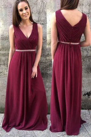 A-line Burgundy Chiffon Prom Dresses Long Bridesmaid Dresses BD059