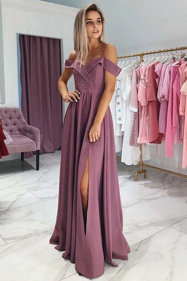 A-Line Cold Shoulder Purple Satin Prom Party Dress with Split  PG681