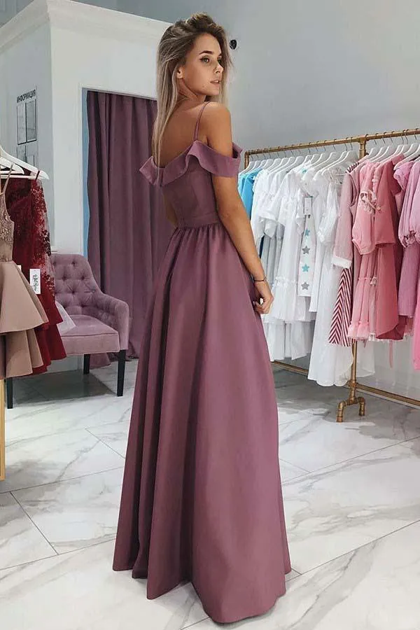 A-Line Cold Shoulder Purple Satin Prom Party Dress with Split  PG681