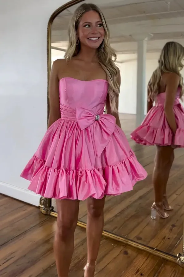 A Line Fuchsia Strapless Ruffle Cute Homecoming Dress with Bow PD558