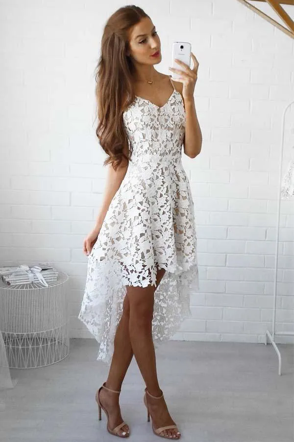 A-line High Low Straps Simple White Lace Homecoming/Party Dresses  PD022