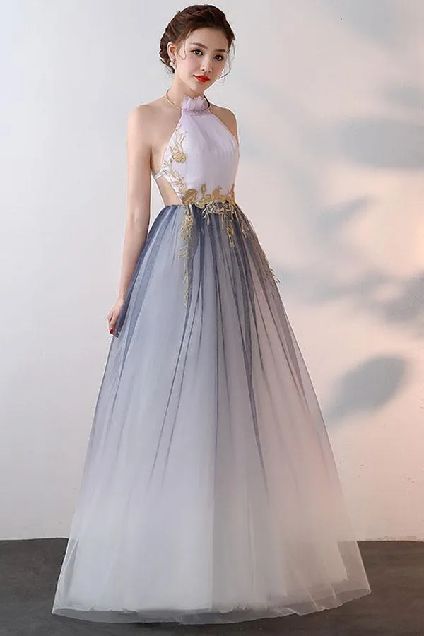 A-line High Neck Tulle Prom Dresses With Applique PG626