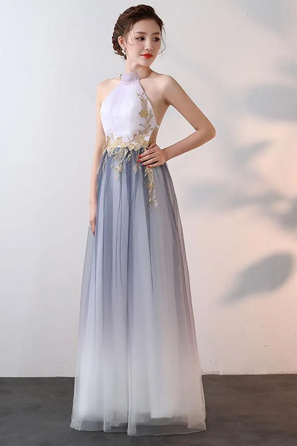 A-line High Neck Tulle Prom Dresses With Applique PG626