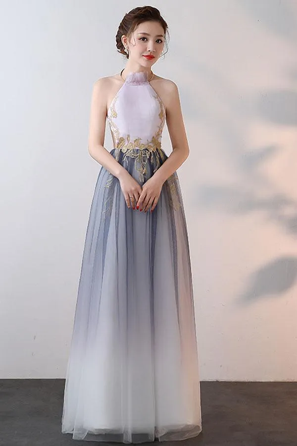 A-line High Neck Tulle Prom Dresses With Applique PG626