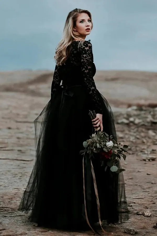 A-Line Lace Appliqued Black Wedding Dress Boho Bridal Gown WD744