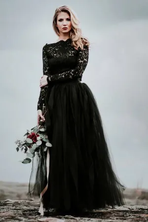 A-Line Lace Appliqued Black Wedding Dress Boho Bridal Gown WD744