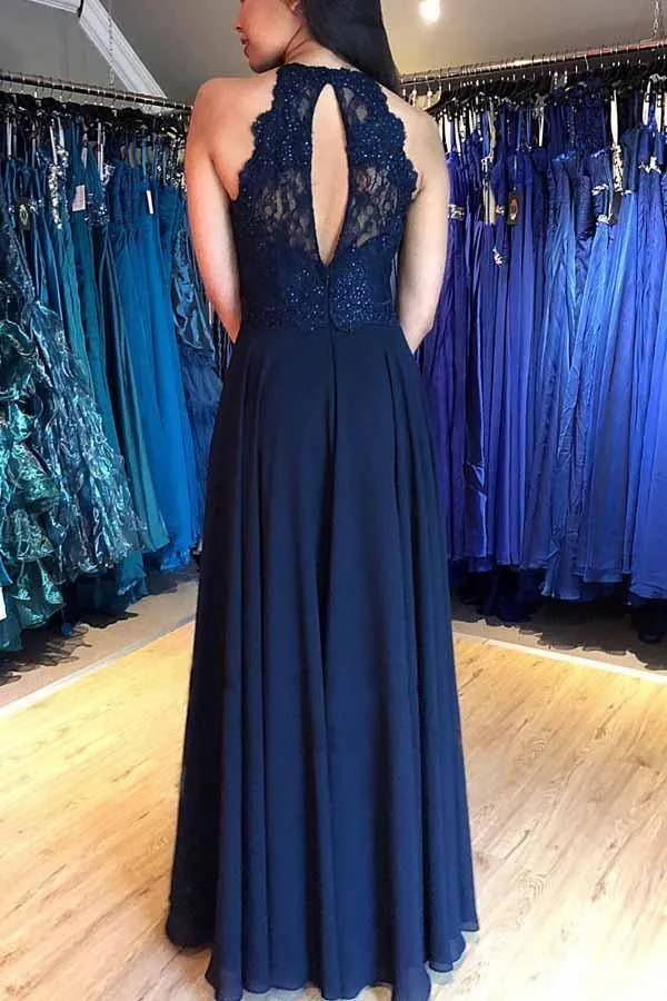 A-line Navy Blue Chiffon Split Long Prom Dress with Beading PG826