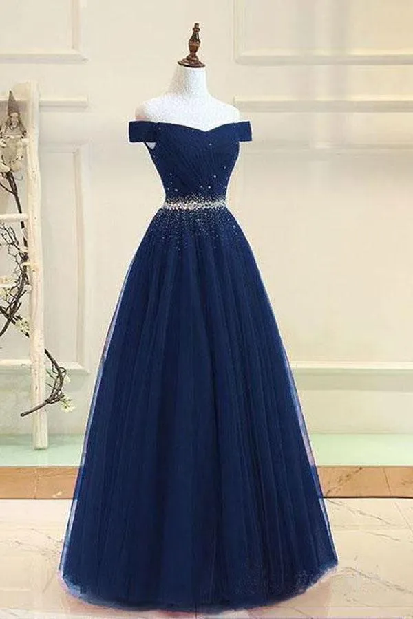 A-line Off The Shoulder Navy Blue Tulle Prom Dress With Beading  PG737