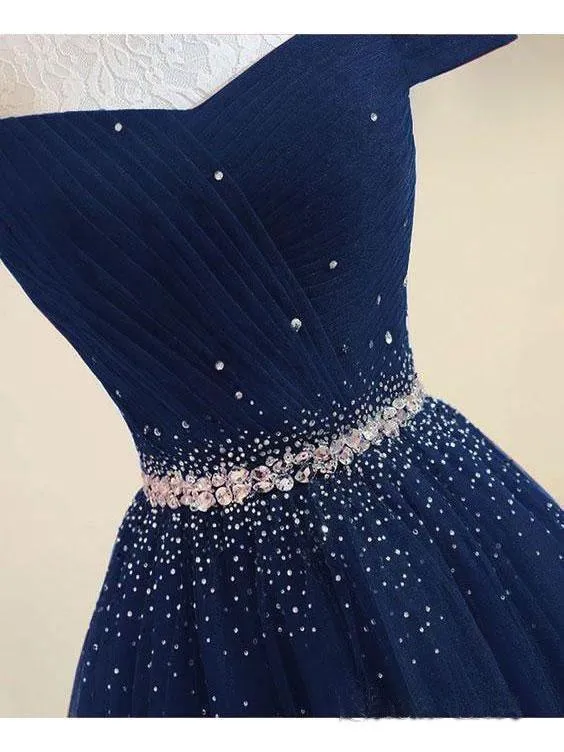 A-line Off The Shoulder Navy Blue Tulle Prom Dress With Beading  PG737