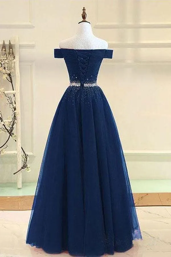 A-line Off The Shoulder Navy Blue Tulle Prom Dress With Beading  PG737