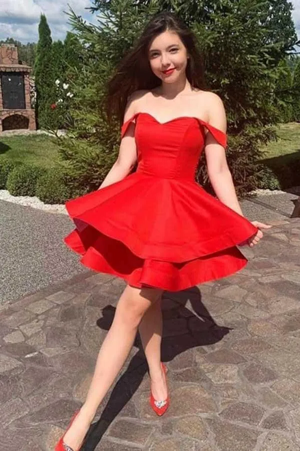 A-Line Red Satin Straps Short Prom Dress Homecoming Dress  PD377