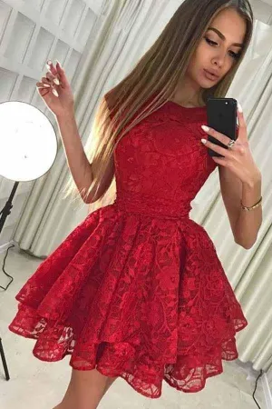 A-Line Round Neck Short Red Lace Homecoming Party Dress  PD228