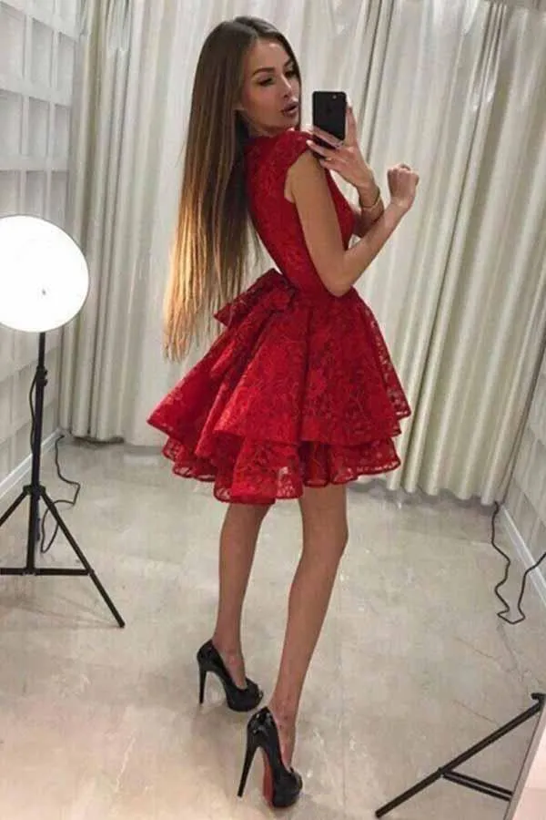 A-Line Round Neck Short Red Lace Homecoming Party Dress  PD228