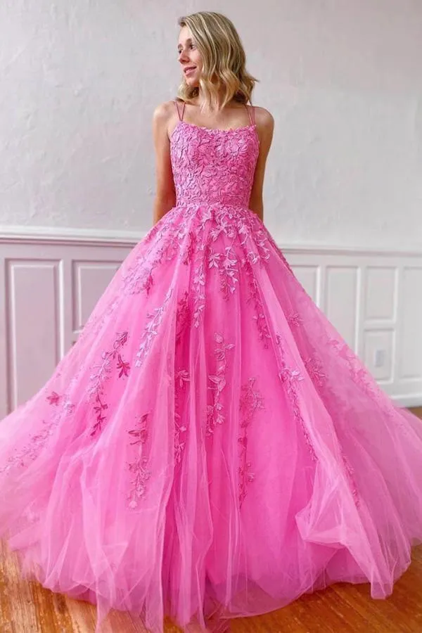 A-line Round Neck Tulle Lace Prom Dresses Formal Dresses  PSK032