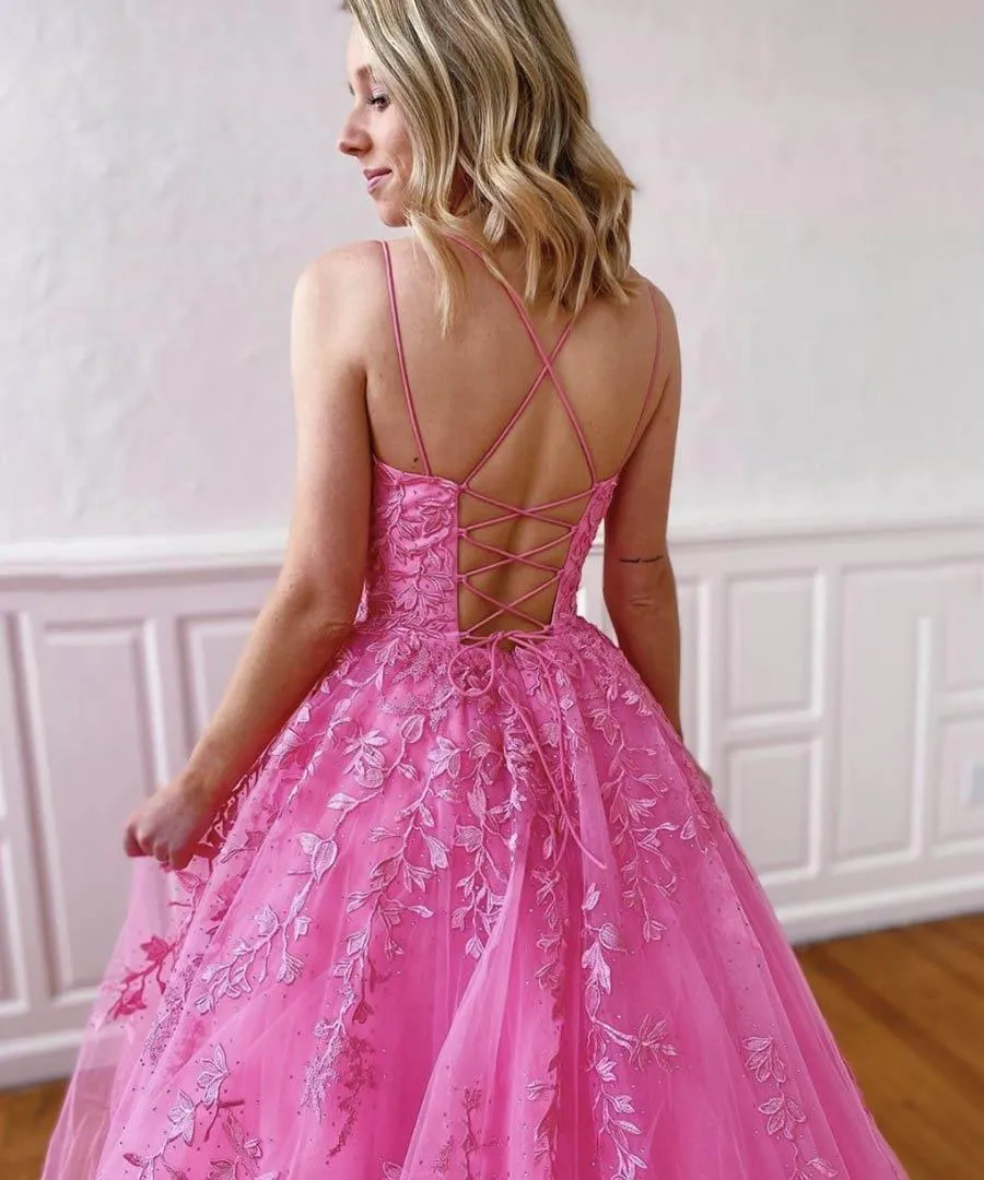 A-line Round Neck Tulle Lace Prom Dresses Formal Dresses  PSK032