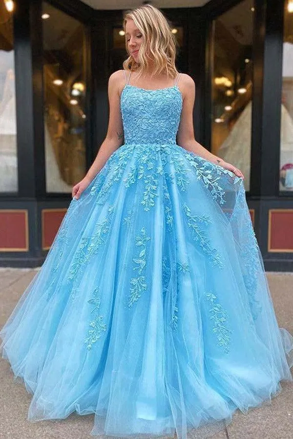 A-line Round Neck Tulle Lace Prom Dresses Formal Dresses  PSK032