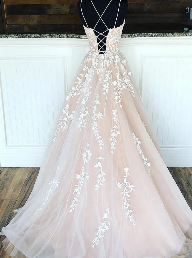 A-line Round Neck Tulle Lace Prom Dresses Formal Dresses  PSK032