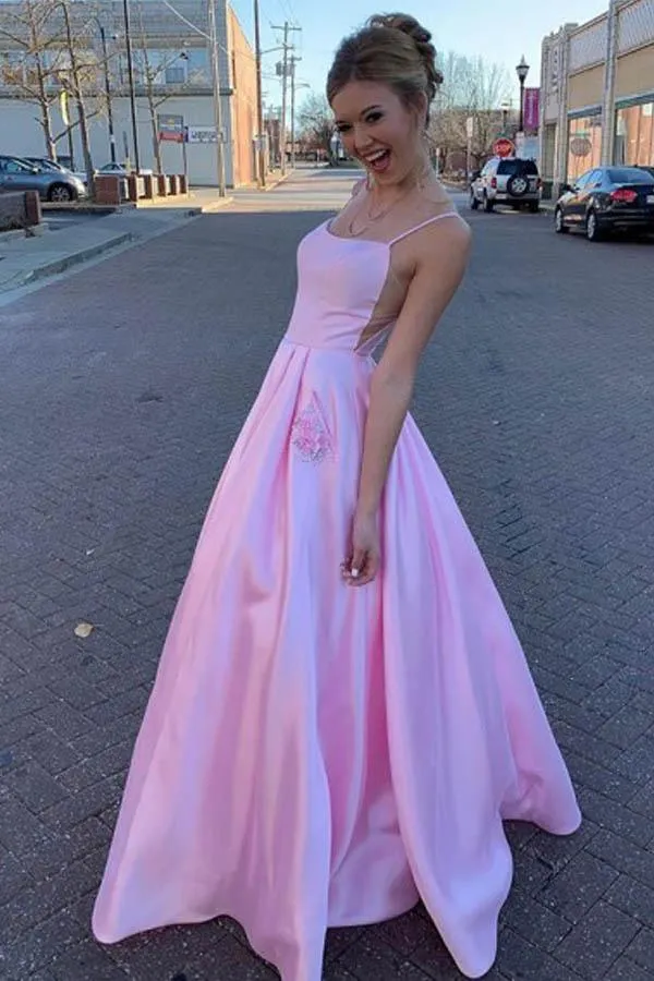 A Line Satin Floor Length Pink Prom Dress With Pockets PSK133