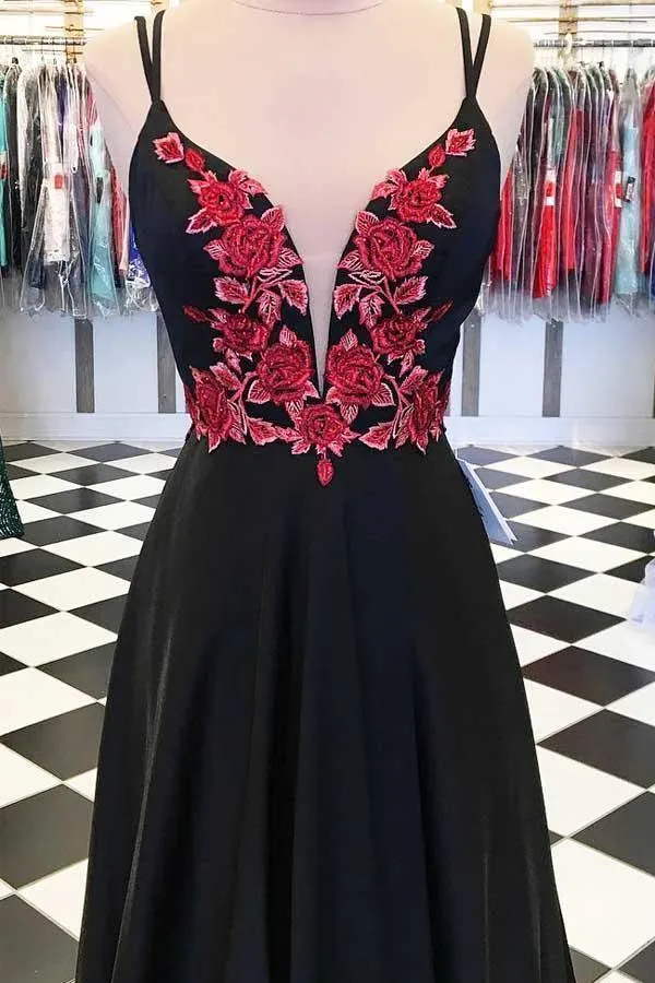 A-line Satin Spaghetti Straps Floral Appliques Black Long Prom Dress PG863