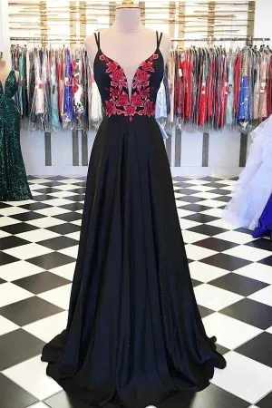 A-line Satin Spaghetti Straps Floral Appliques Black Long Prom Dress PG863