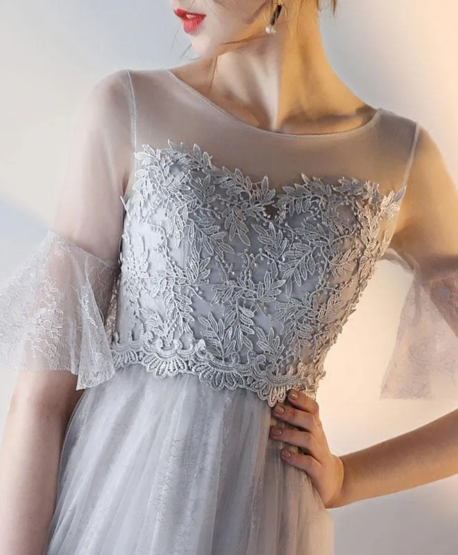 A-line Short Sleeves Gray Tulle Lace Prom Dress Gray Evening Dress PG666