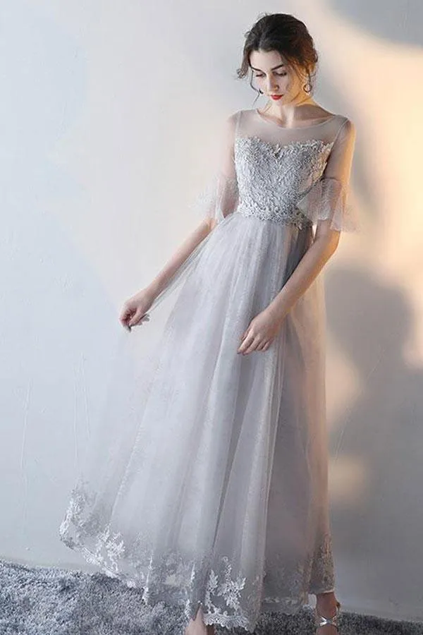 A-line Short Sleeves Gray Tulle Lace Prom Dress Gray Evening Dress PG666