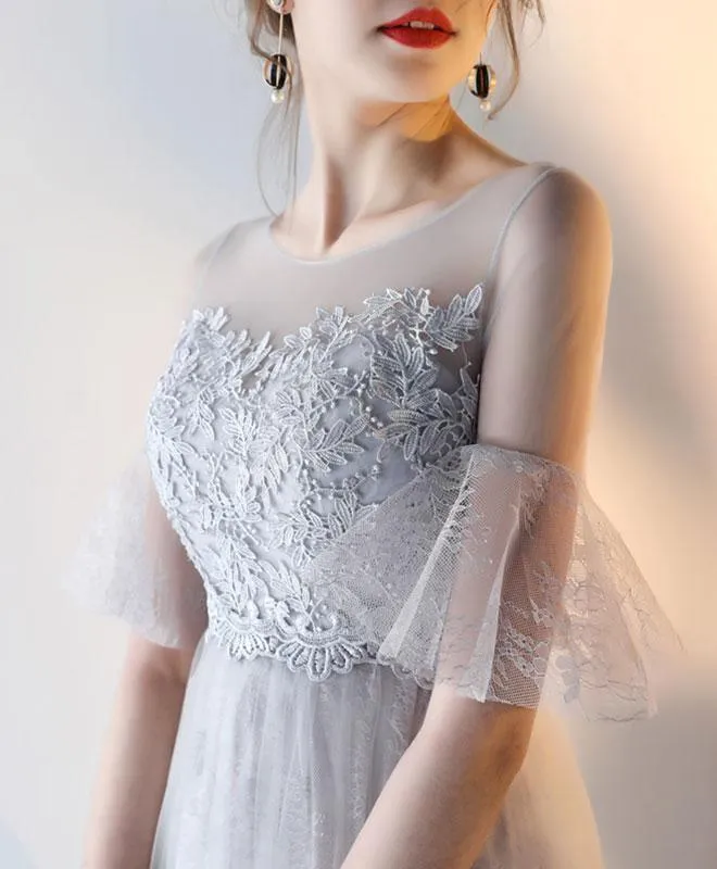 A-line Short Sleeves Gray Tulle Lace Prom Dress Gray Evening Dress PG666