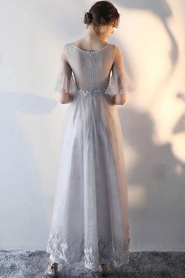 A-line Short Sleeves Gray Tulle Lace Prom Dress Gray Evening Dress PG666