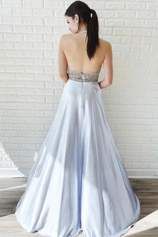 A-Line Silver Satin V-neck Backless Prom Dress With Beading PG922