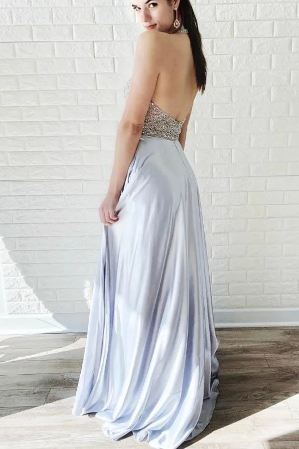 A-Line Silver Satin V-neck Backless Prom Dress With Beading PG922