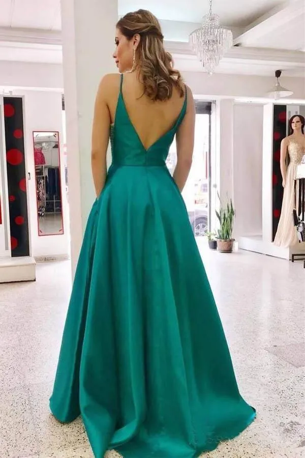 A-line Simple V Neck Teal Satin Long Prom Dresses with Pocket Backless  PG939