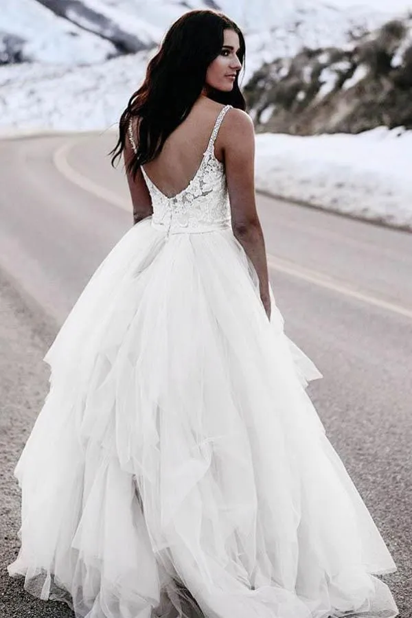 A-Line Spaghetti Straps Asymetrical Wedding Dress with Lace  WD236