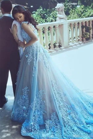 A-Line Square Chapel Train Sleeveless Blue Tulle Wedding Dress WD183