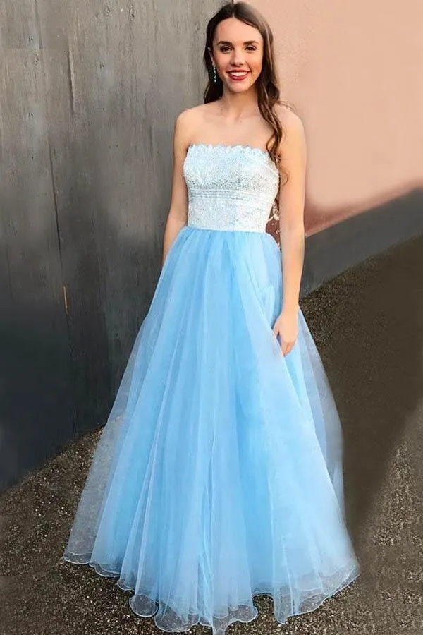 A-Line Strapless Floor-Length Light Blue Prom Dress with Lace Beading PG876