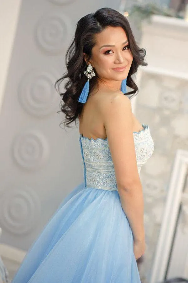 A-Line Strapless Floor-Length Light Blue Prom Dress with Lace Beading PG876