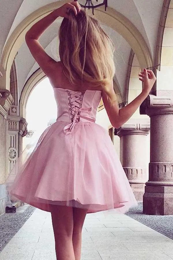 A-Line Sweetheart Lace-up Short Pink Tulle Homecoming Dress PD199