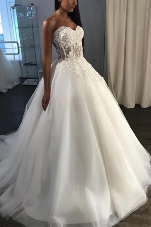 A-Line Sweetheart Sweep Train Tulle Appliques Wedding Dress  WD227