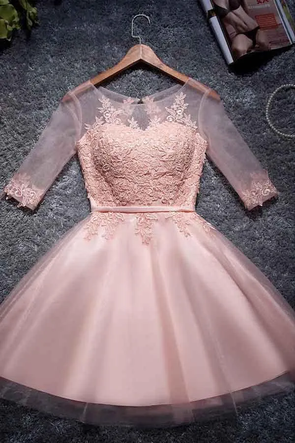 A-line Tulle Homecoming Dresses Scoop Pink Short/Mini Prom Dresses  PD048