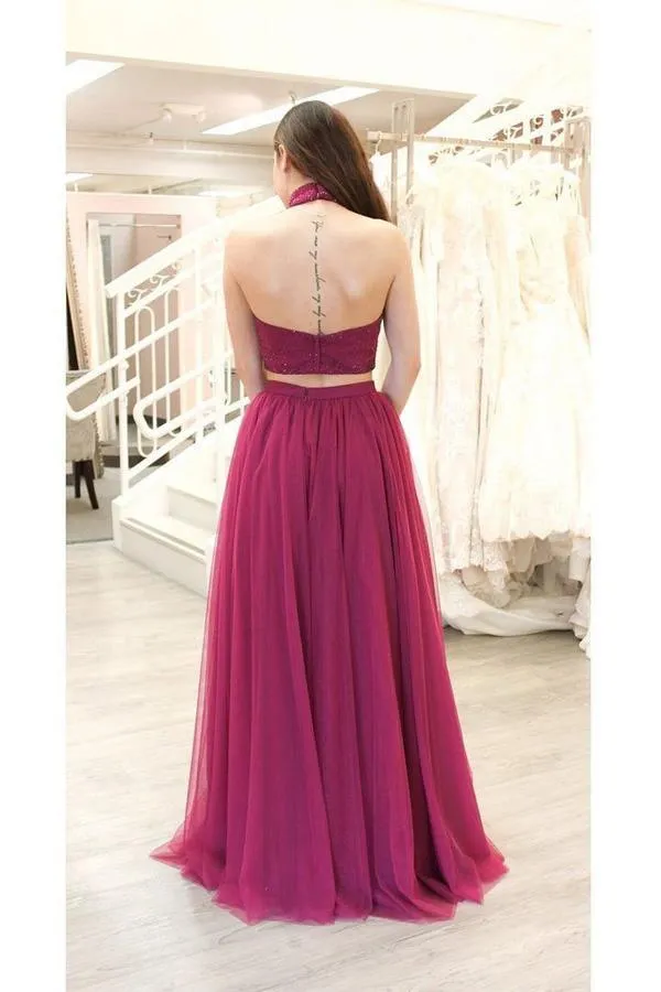 A-line Two Piece Fuchsia Prom Dresses Long Split Tulle Evening Dresses  PSK219