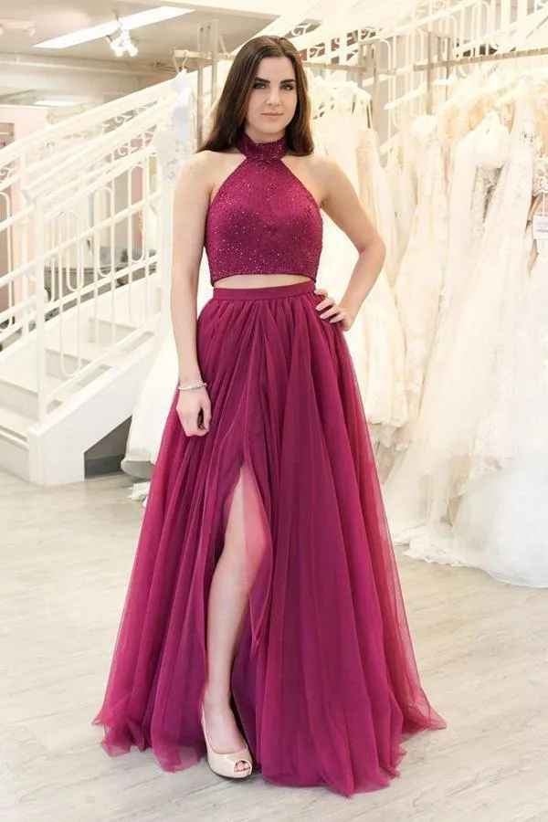 A-line Two Piece Fuchsia Prom Dresses Long Split Tulle Evening Dresses  PSK219