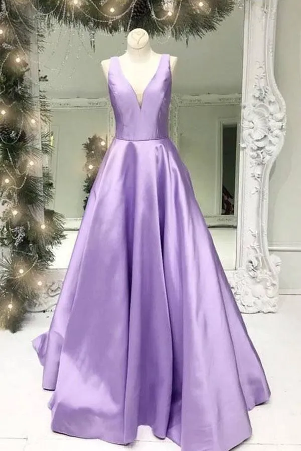 A-Line V-Neck Backless Sweep Train Lilac Satin Prom Gown Party Dress PSK114