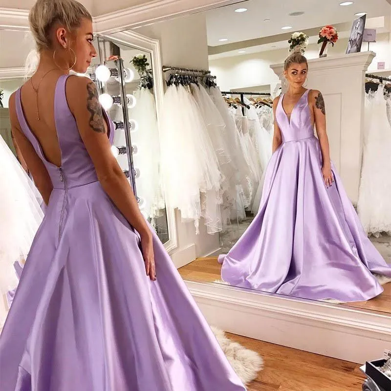 A-Line V-Neck Backless Sweep Train Lilac Satin Prom Gown Party Dress PSK114